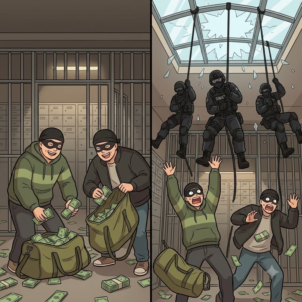 "스와트(SWAT) 팀 출동!" 천장을 뚫고 들이닥치며, 경찰 특공대는 악당들의 은행 강도 계획을 완전히 방해하고 좌절시켰다(thwart).