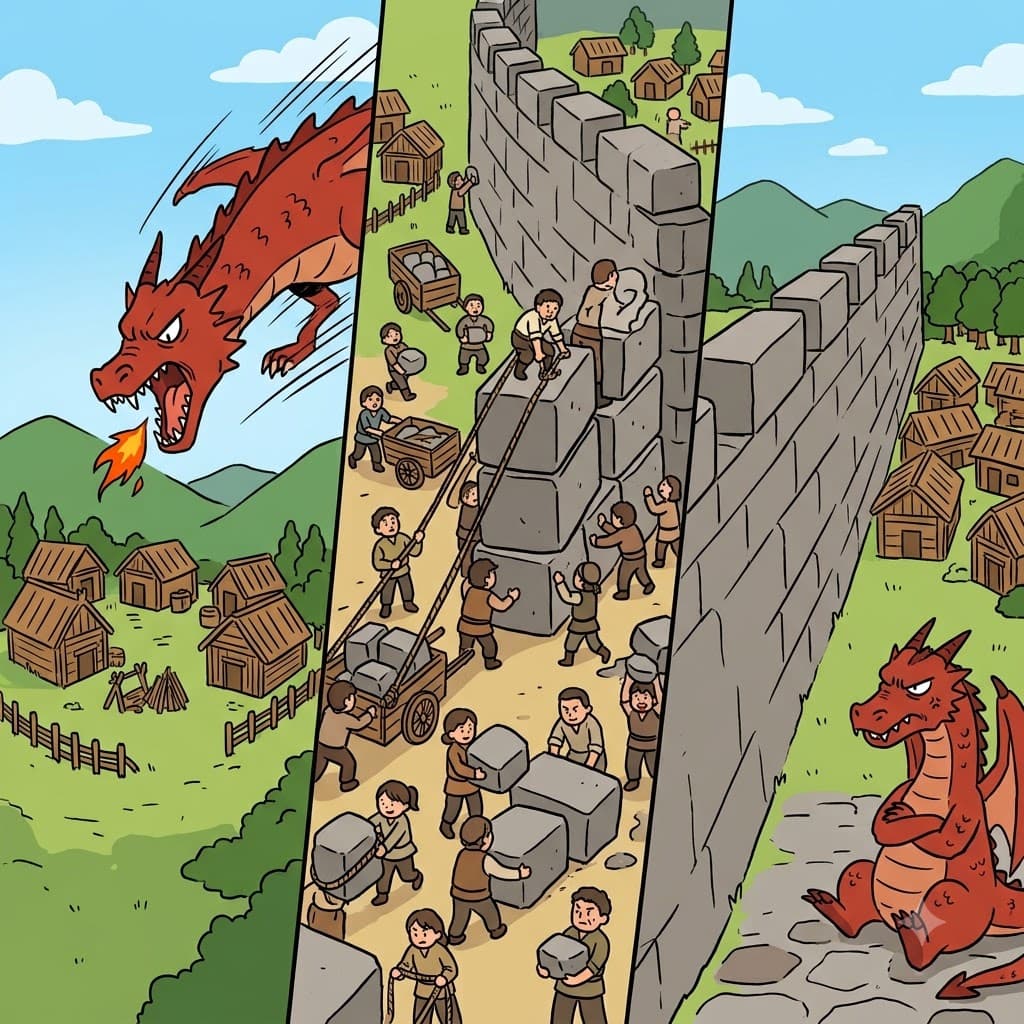 거대한 돌 요새(fort)를 빠르게 건설함으로써, 마을 사람들은 붉은 용의 불타는 공격을 안전하게 좌절시킬(thwart) 수 있었다.
