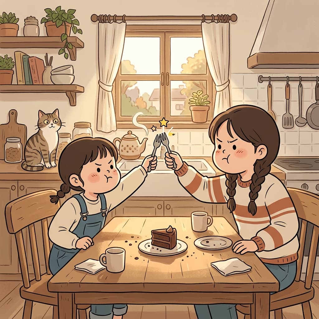 자매가 마지막 케이크 조각 때문에 사소하게 다퉜다.