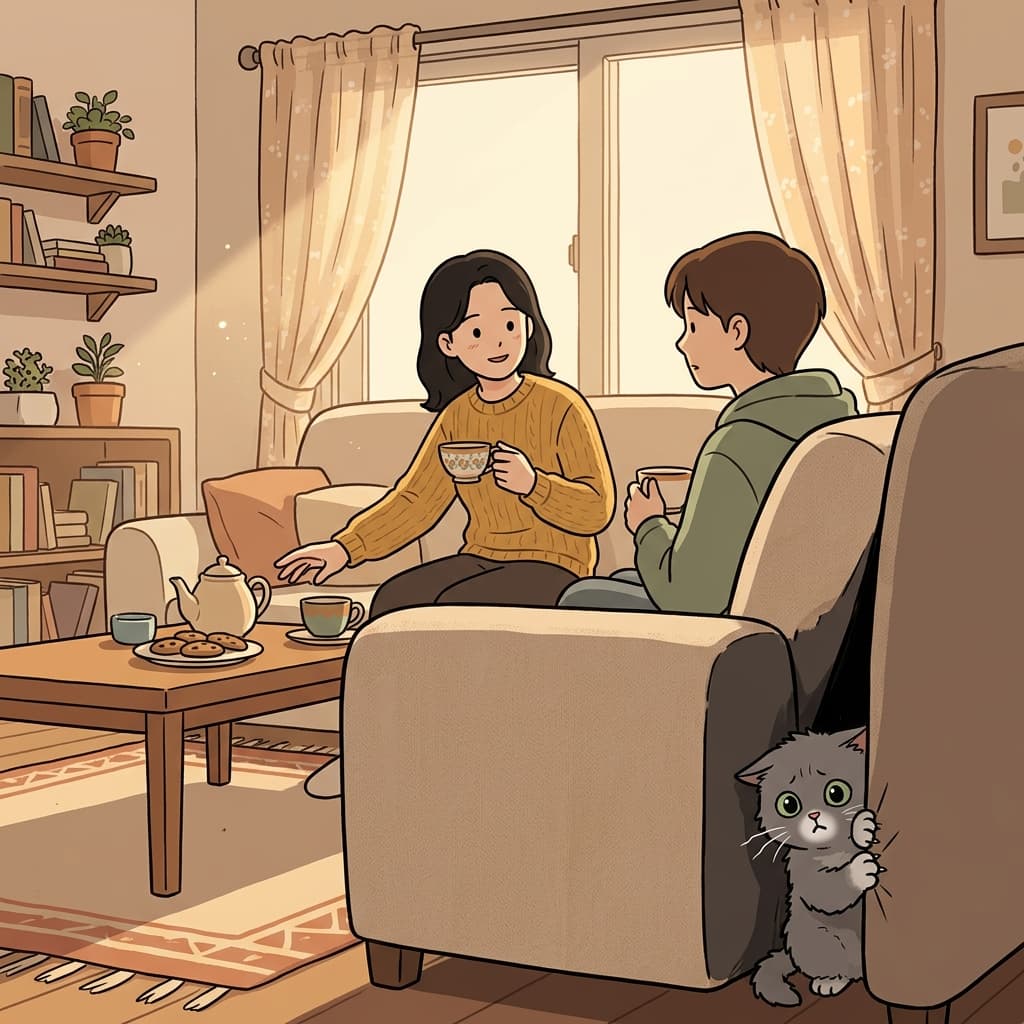 겁 많은 새끼 고양이가 소파 뒤에서 살짝 얼굴만 내밀고 있다.