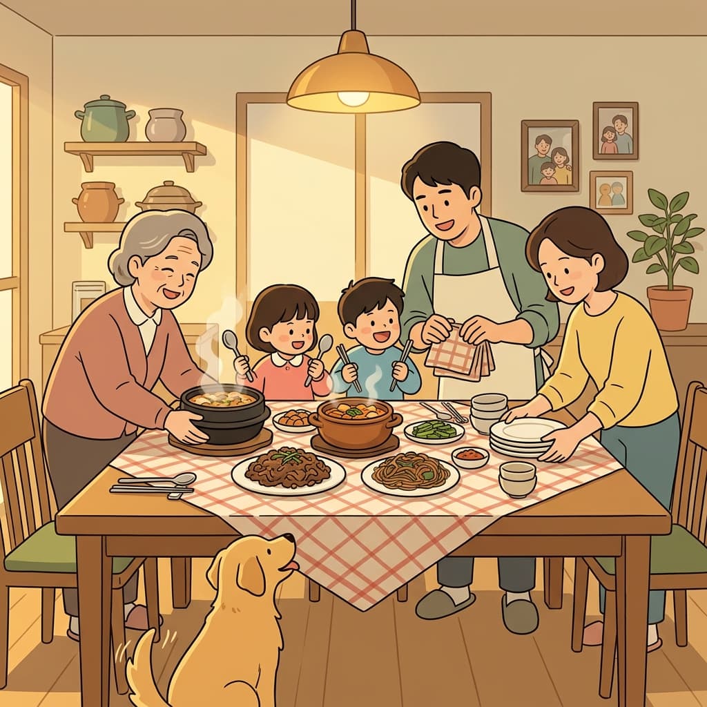 온 가족이 다 같이 명절 저녁상을 차린다.