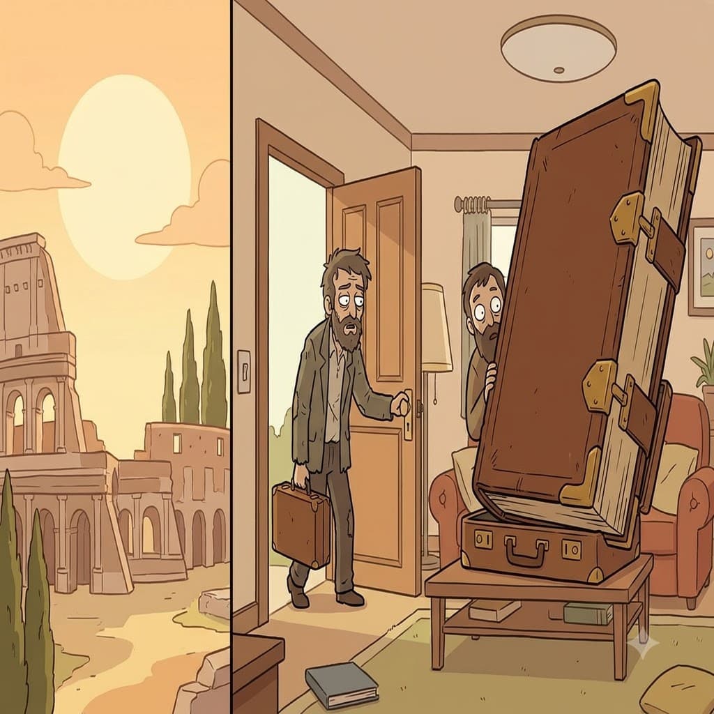 로마(Rome)에서 집(home)으로 돌아온 후, 학자는 작은 여행 가방을 열어 엄청나게 무겁고 거대한 책(tome)을 꺼냈다.