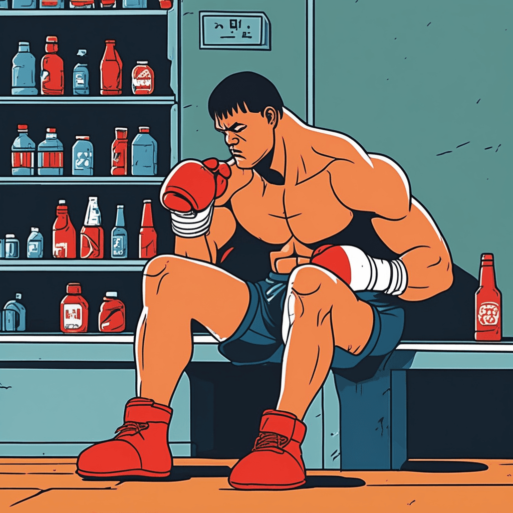 타격 받은 복서가 닉네임 '토닉킹'이 적힌 활력제를 마시며 기운을 되찾는다!