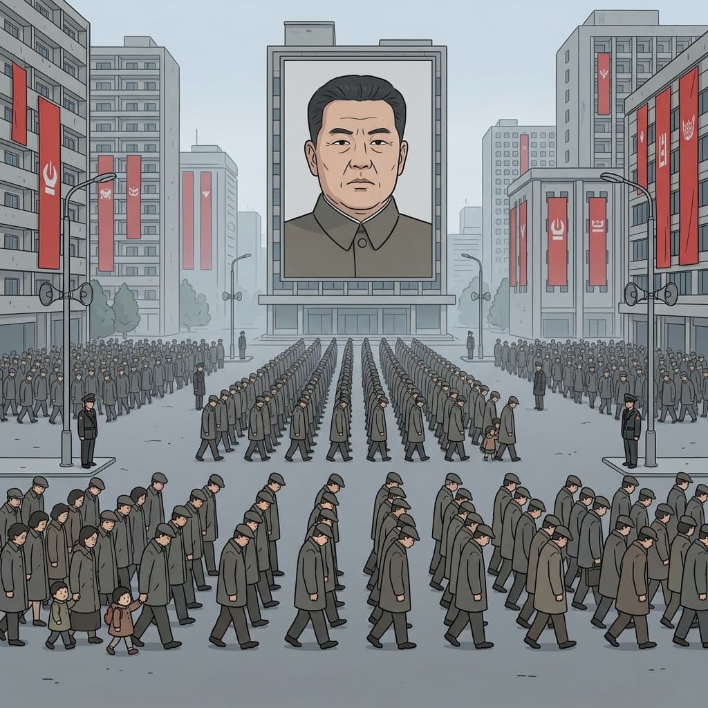 광장에 선 사람들 위로 거대한 지도자 초상화가 모든 걸 감시한다.