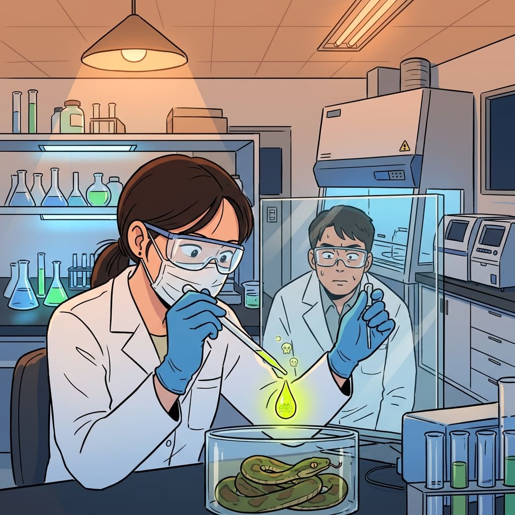 화학자가 뱀독에서 독소를 조심스럽게 분리해낸다.