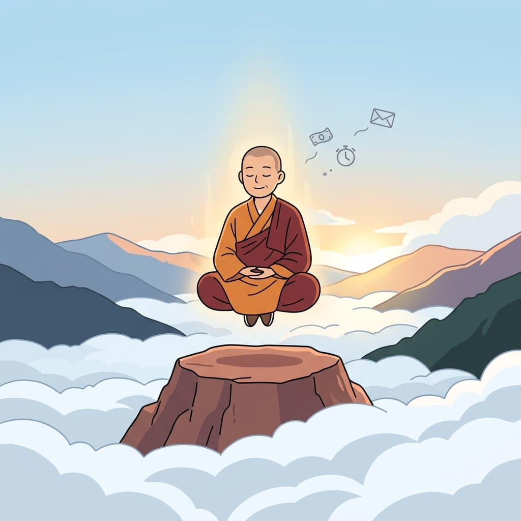 산 정상에서 스님은 세상 걱정을 다 넘어선 느낌을 받았다.