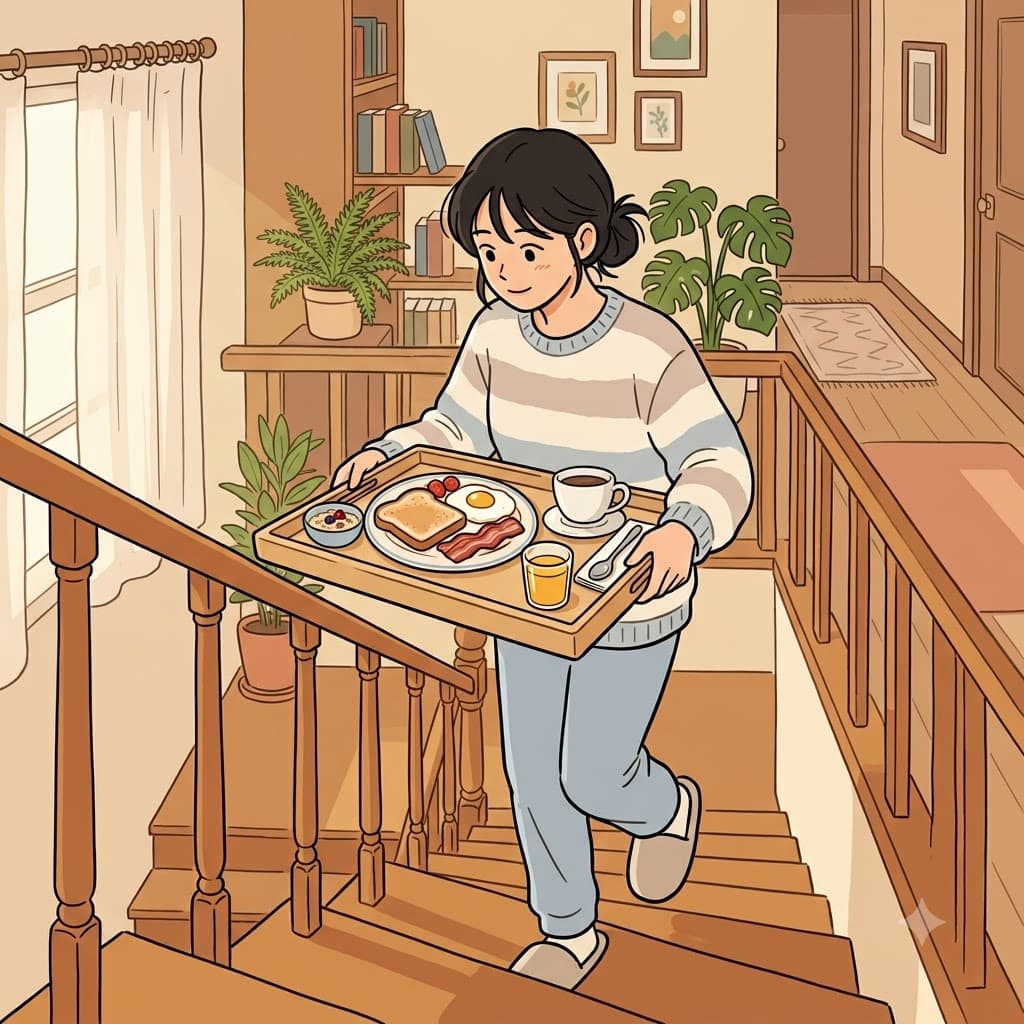 그녀는 아침 식사를 쟁반에 올려 한꺼번에 위층으로 날랐다.