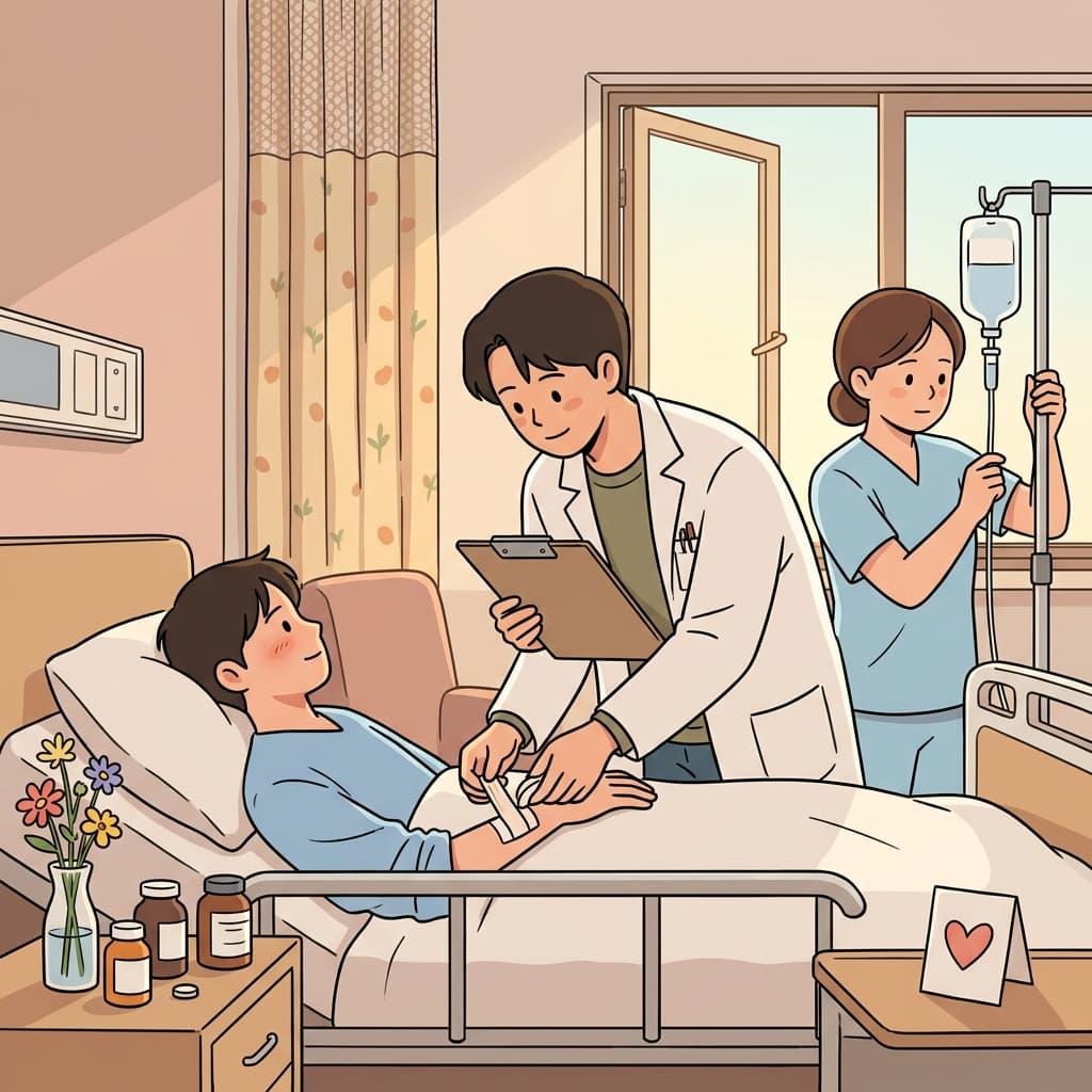 의사가 정성껏 치료해 주자 환자가 조금씩 회복되고 있다.