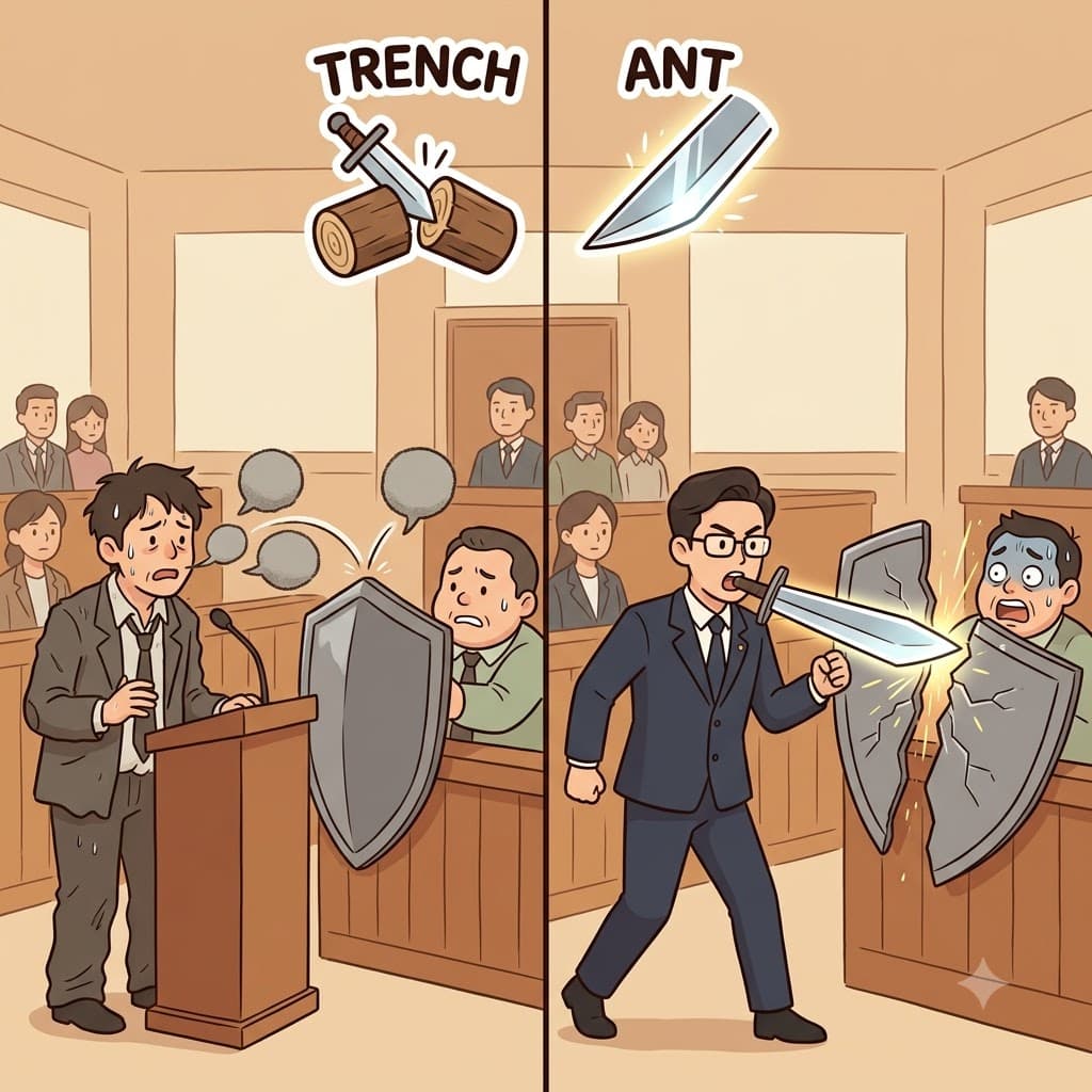 TRENCH(자르다) + ANT(성질) — 거짓말을 완전히 베어내는(TRENCH) 성질(ANT)을 보여주며, 변호사의 주장은 믿을 수 없을 정도로 예리하고 신랄함(trenchant)을 증명했다.