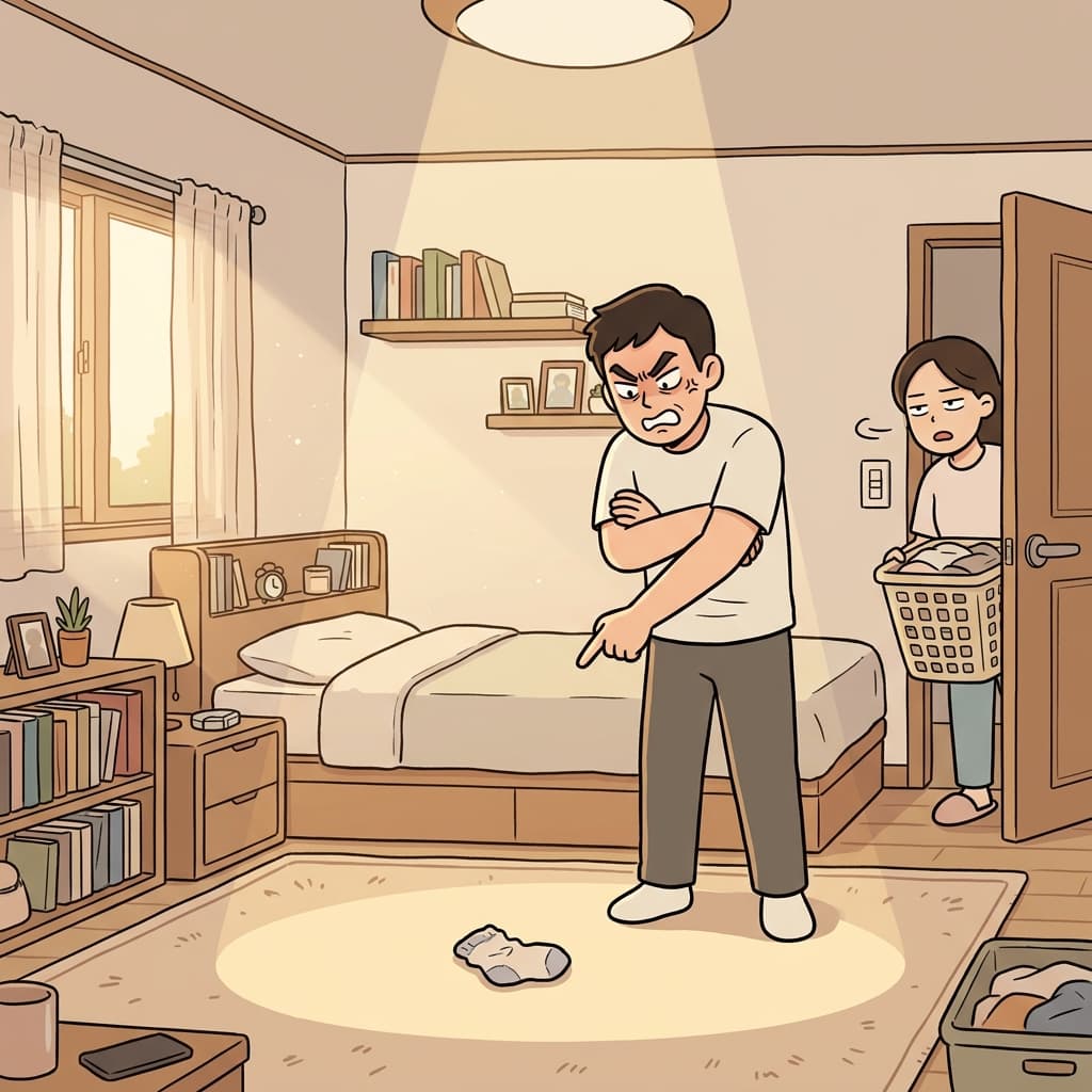 그는 양말 한 짝 놓인 걸 가지고 저렇게까지 화를 낸다.