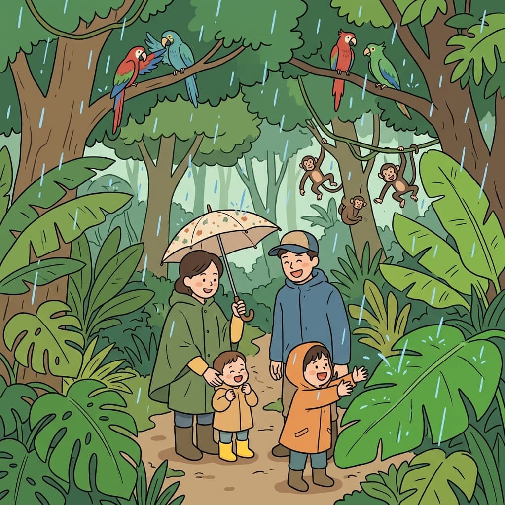 아이들은 따뜻한 비가 쏟아지는 열대우림(tropical rainforest)을 신나게 뛰어다녔다. (tropical + rainforest → 열대(tropical)에 있는 → 비가 많이 내리는 숲(rainforest))