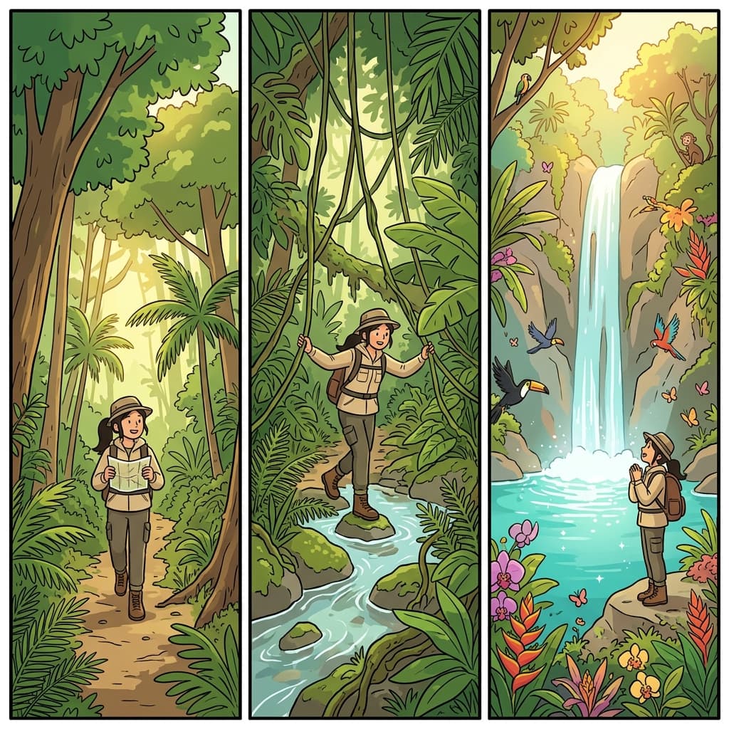 탐험가는 열대우림(tropical rainforest) 깊숙이 들어가 숨겨진 폭포를 발견했다.