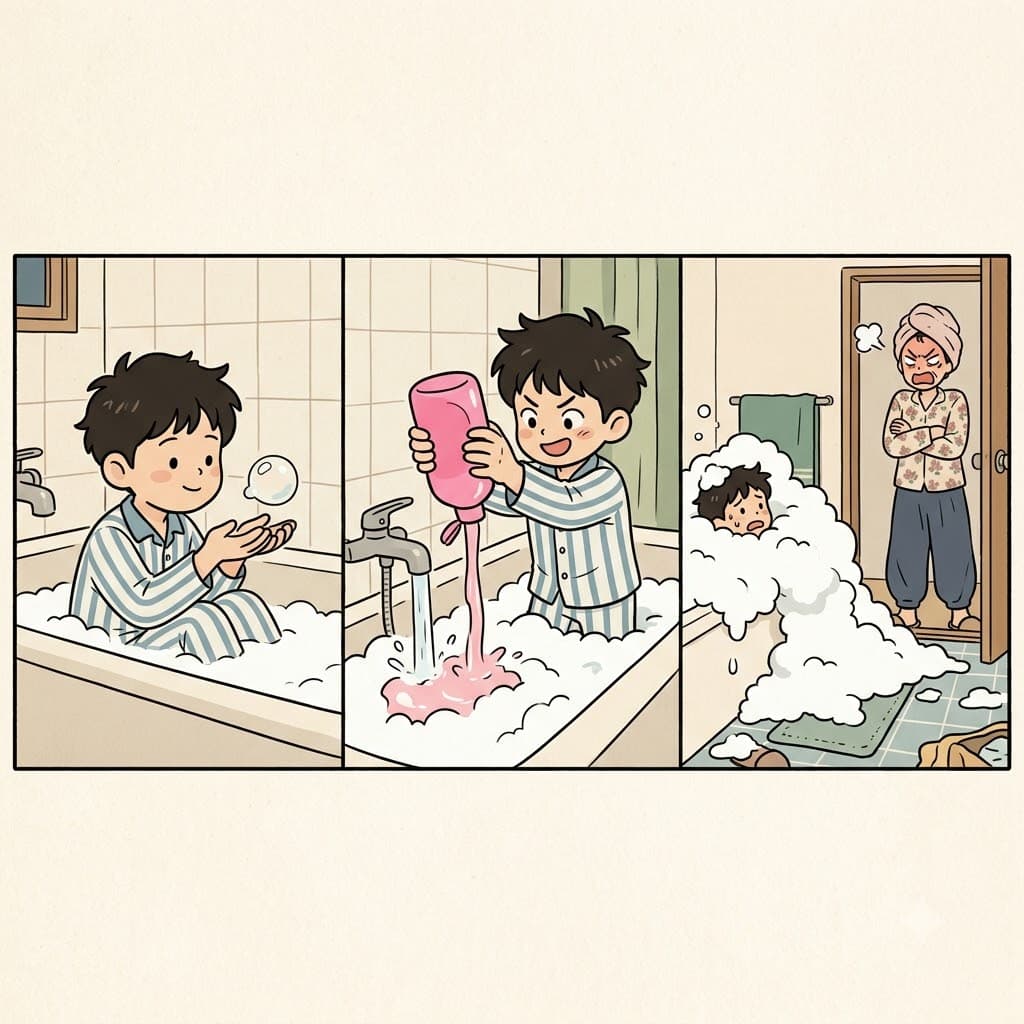 비눗방울(bubbles)이 두 배(double)로 커지면서 욕실을 넘치는 성가신(troublesome) 난장판이 되었다.