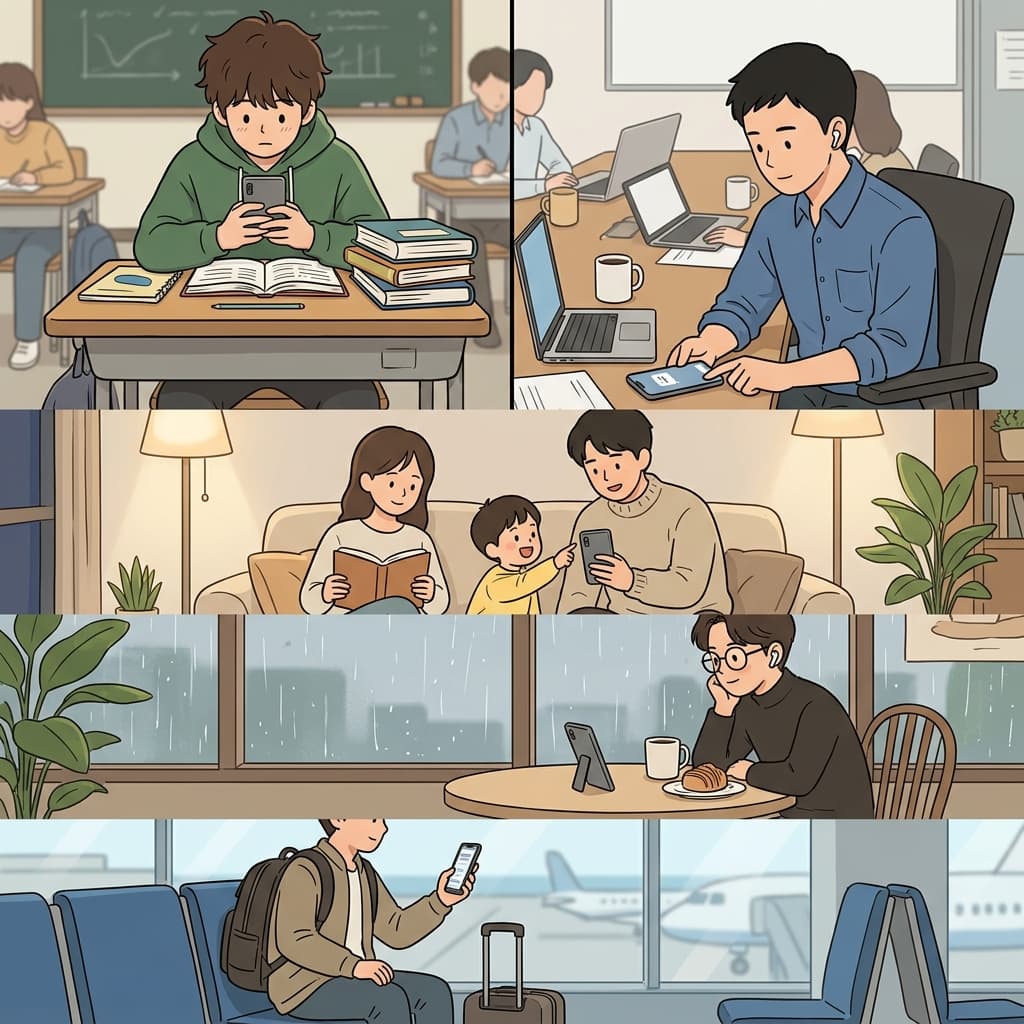 스마트폰은 집, 학교, 사무실, 카페 등 어디에서나(ubiquitously) 사용된다.