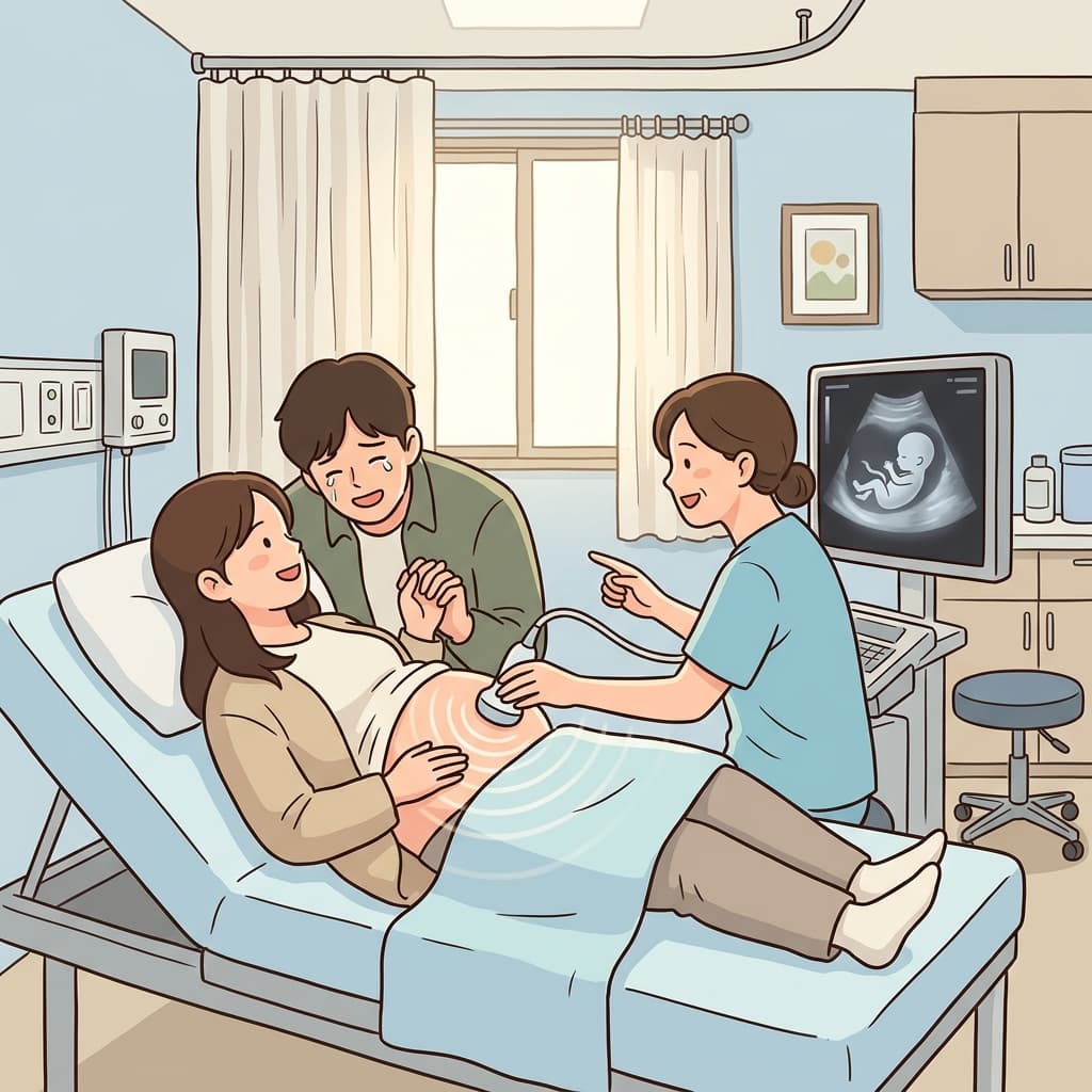 의사가 초음파로 아기를 화면에 보여준다.
