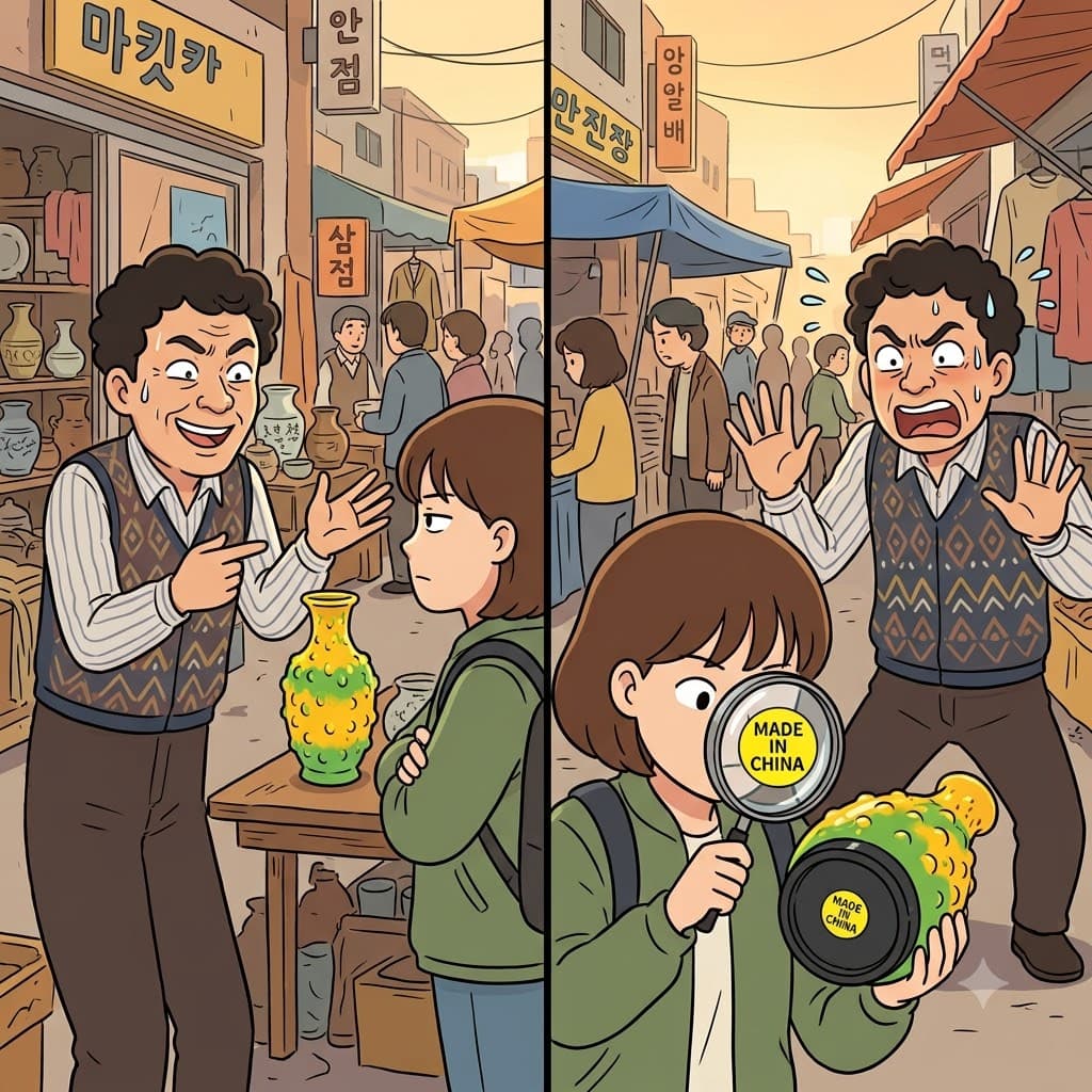 "언(un)제 진품(어센틱/authentic)이라고 캤(ca)대(ted)?" 보증서도 없이 가짜 화병을 팔다 걸리자, 사기꾼은 인증되지 않은(unauthenticated) 물건에 대해 당황했다.