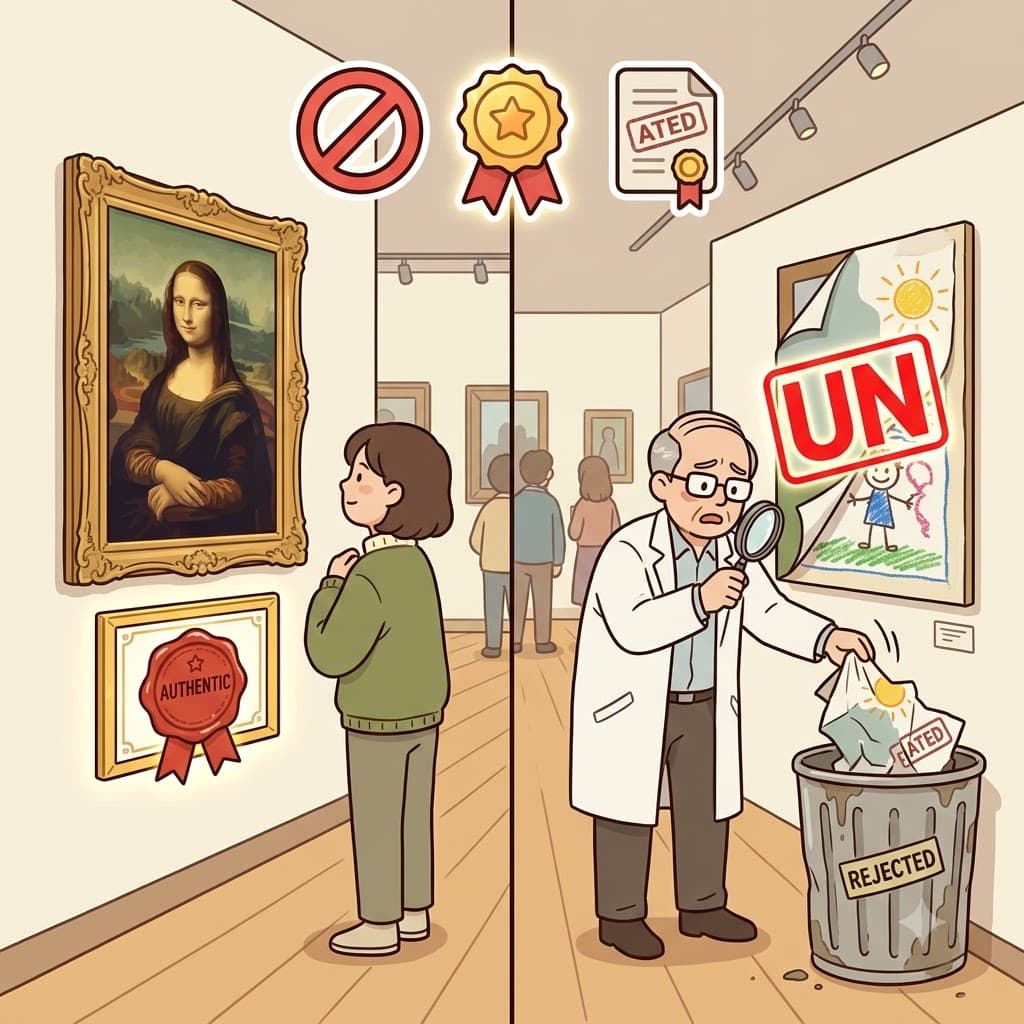 UN(아닌) + AUTHENTIC(진짜인) + ATED(상태) — 그 그림이 완전히 진짜(AUTHENTIC)가 아닌(UN) 상태(ATED)임을 발견하고, 박물관은 인증되지 않은(unauthenticated) 예술품을 버렸다.