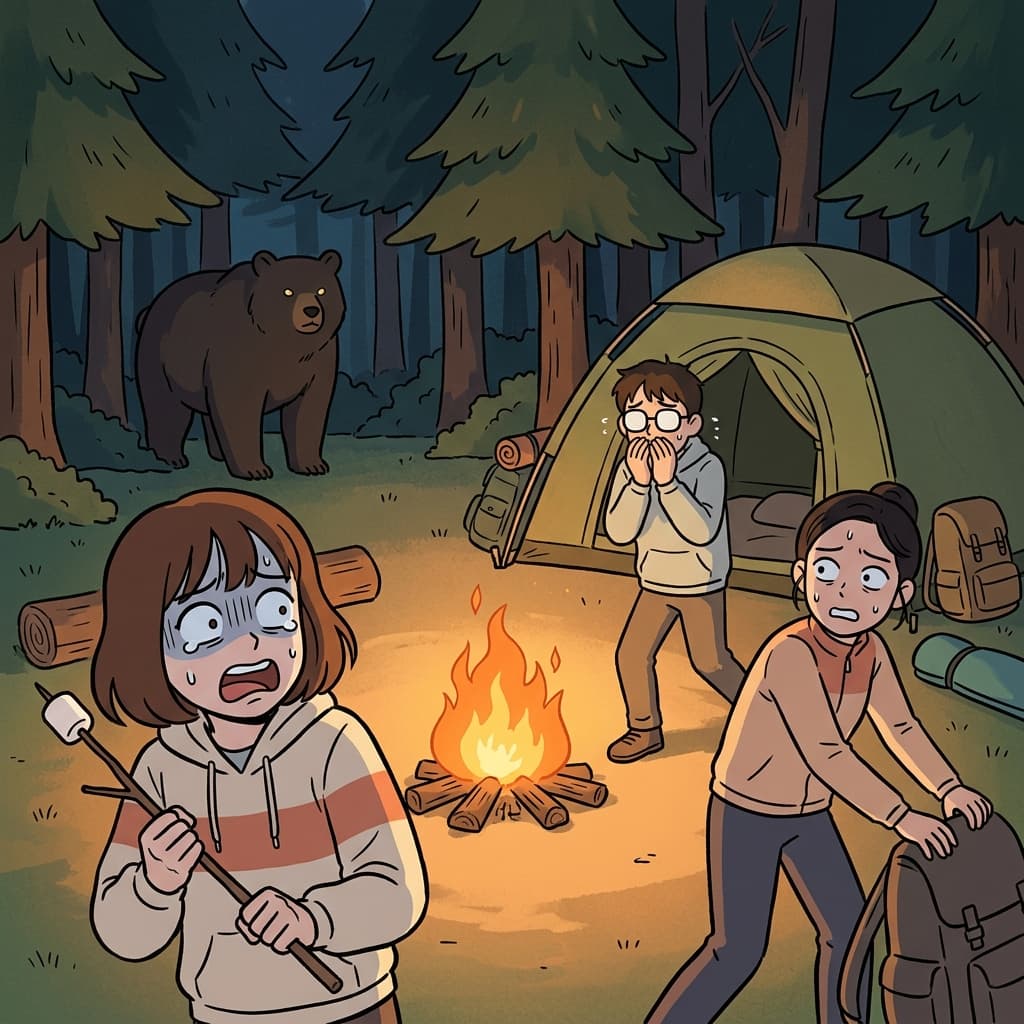 캠핑하던 사람들은 "곰이다(Bear)!"라는 외침에 견딜 수 없는(unbearable) 공포를 느끼며 얼어붙었다. (un + bear + able → 곰(bear)을 감당(bear)할 수(able) 없다!)
