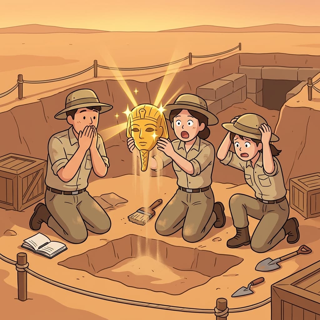 고고학자들이 사막 모래 밑에서 고대 황금 가면을 발굴했다.