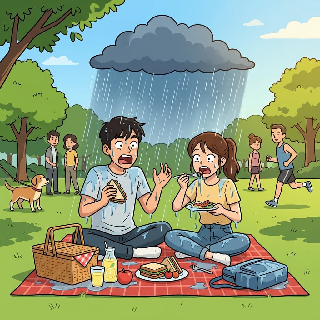 샌드위치를 꺼내자마자 갑자기 소나기가 쏟아졌다.