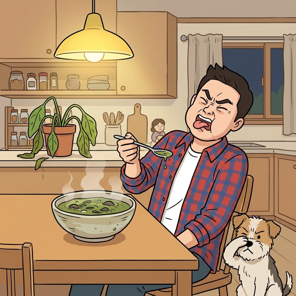 국이 너무 맛없어서 그는 바로 뱉어버렸다.