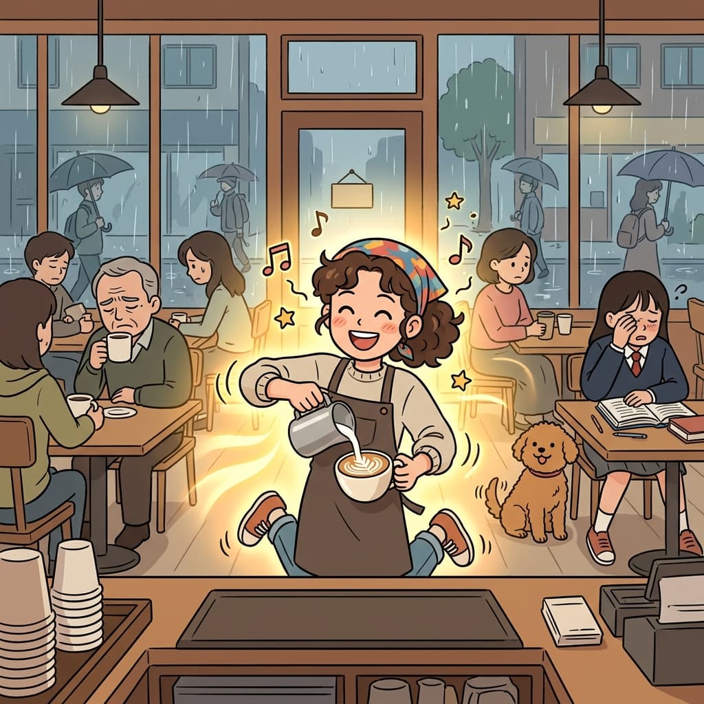 비 오는 월요일 아침인데도 그녀의 밝은 기운이 카페 전체를 환하게 만든다.