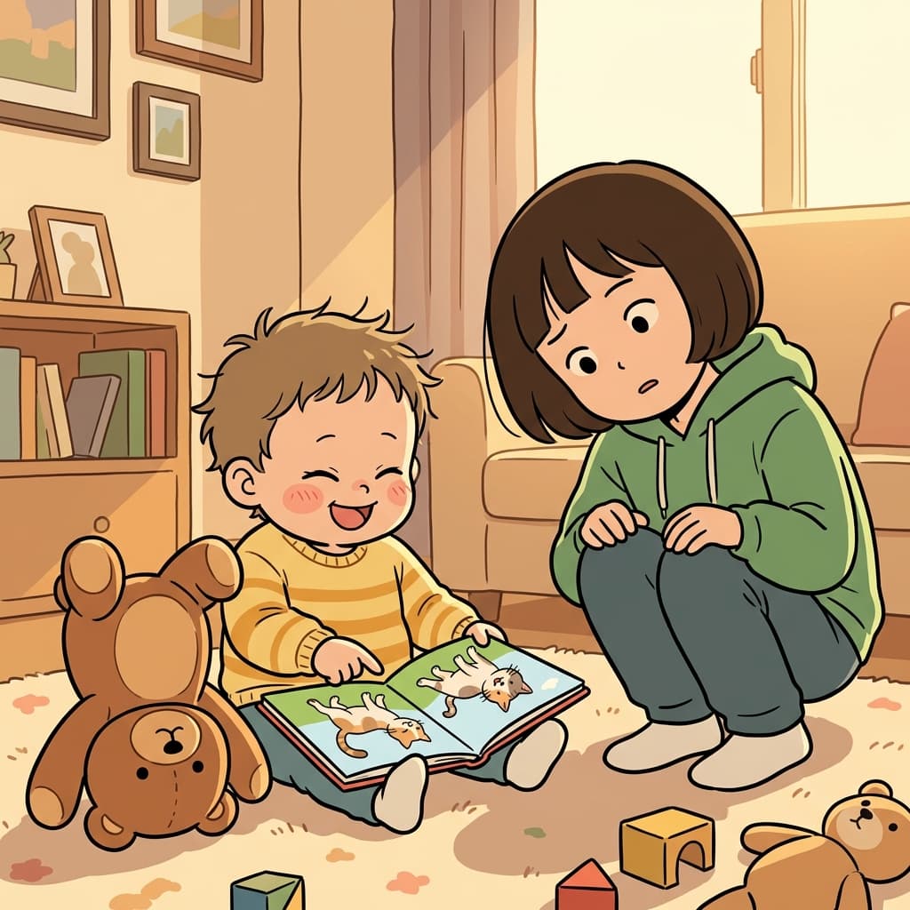 꼬마가 그림책을 거꾸로 들고 깔깔 웃는다.