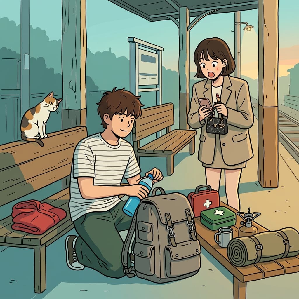 그의 가방은 멋은 없어도 필요한 건 다 들어간다.