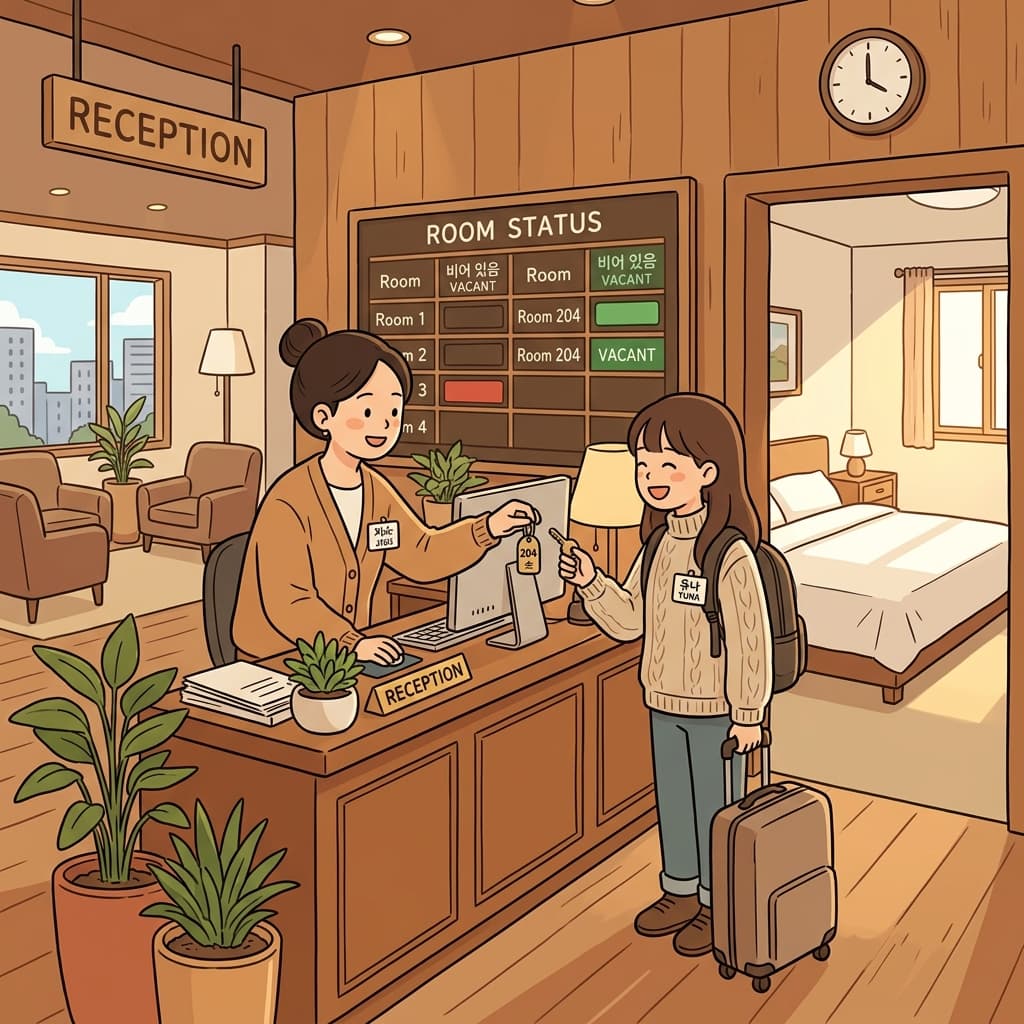 여행자가 도착했을 때 호텔 객실 하나가 아직 비어 있었다. (비었니?" → 객실이 비어 있는 상태)