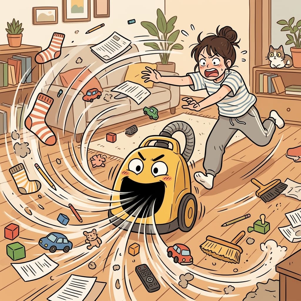 그녀는 진공청소기가 바닥의 모든 것을 먹어 치우는 것 같아 웃었다.