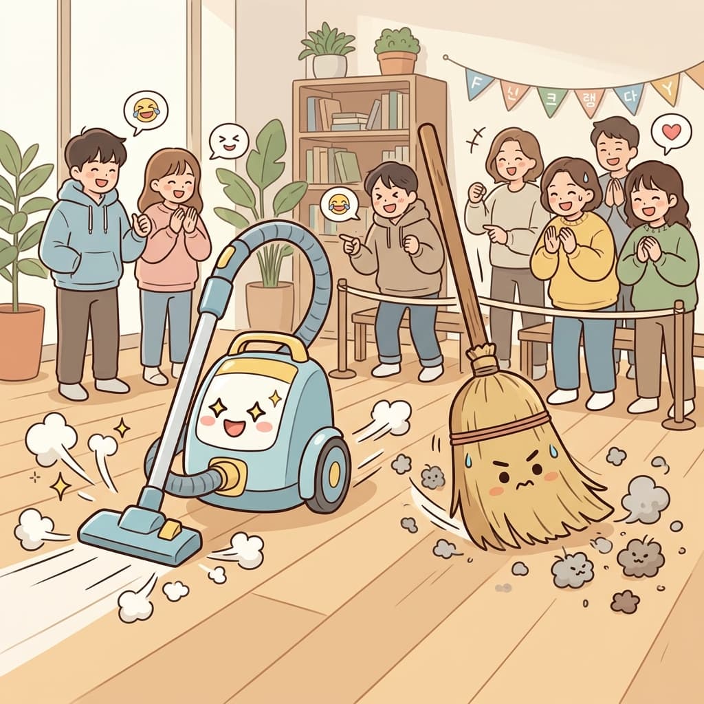 진공청소기는 오래된 빗자루보다 방을 더 빠르게 청소했다.