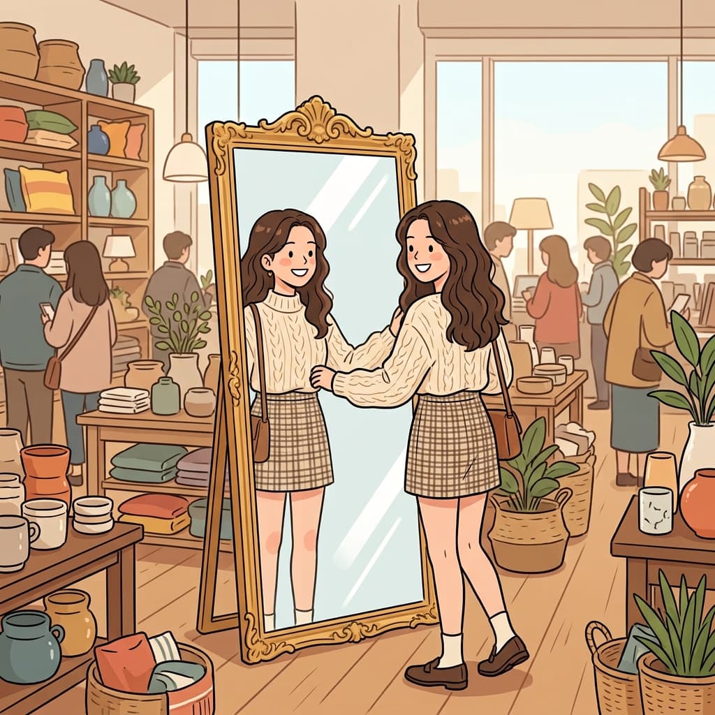 그녀는 허영심 때문에 또 비싼 거울을 샀다. ("봐! 네(니)!" → '봐, 내 모습!' 하며 거울만 본다)