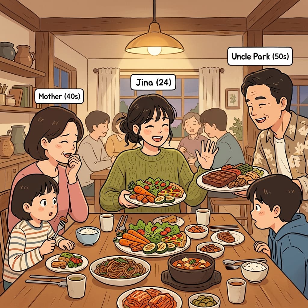 그녀는 채식주의자라 스테이크 대신 구운 채소만 잔뜩 담는다.