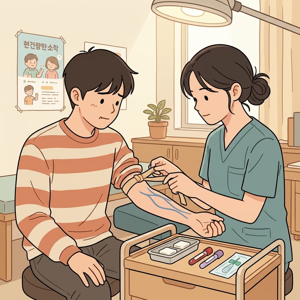 의사는 채혈 전에 보이는 정맥을 조심스럽게 찾았다.