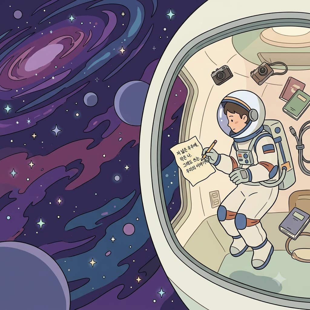 고요하고 무한한 우주(universe) 안을 떠다니며, 외로운 우주비행사는 일기장에 감성적인 시구(verse) 한 줄을 적었다.