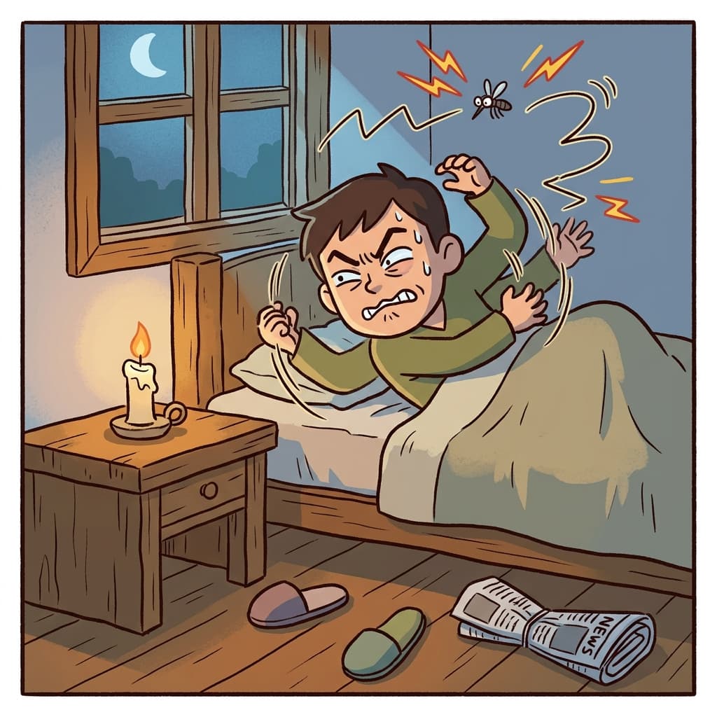 밤새 윙윙대는 모기 한 마리가 여행자를 못 자게 괴롭힌다.
