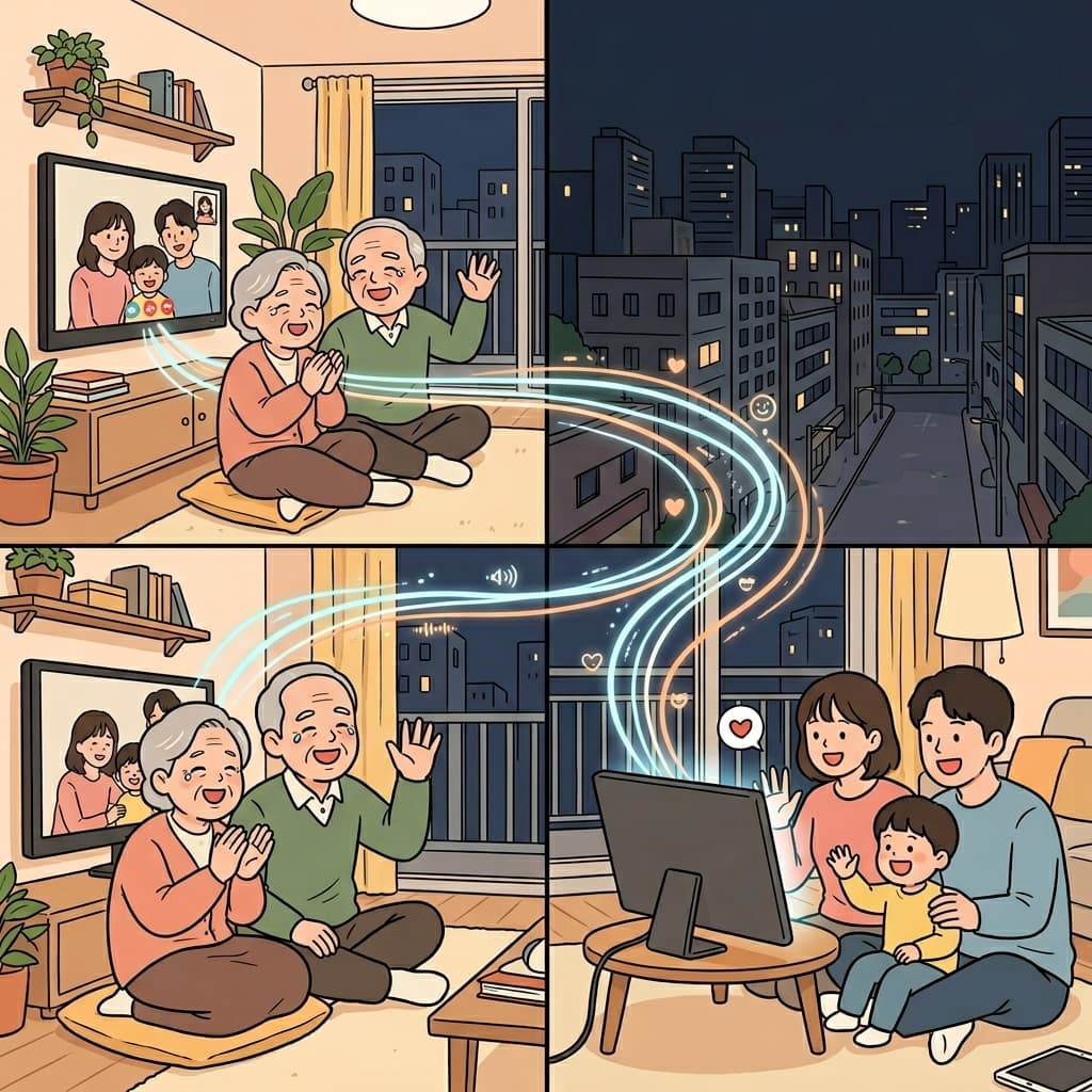 그들은 긴급 봉쇄 기간 동안 화상 통화를 통해 소통했다. (“비디오(video)로 이어지는 길” 느낌 → 어떤 수단이나 경로를 통해 연결되는 것)