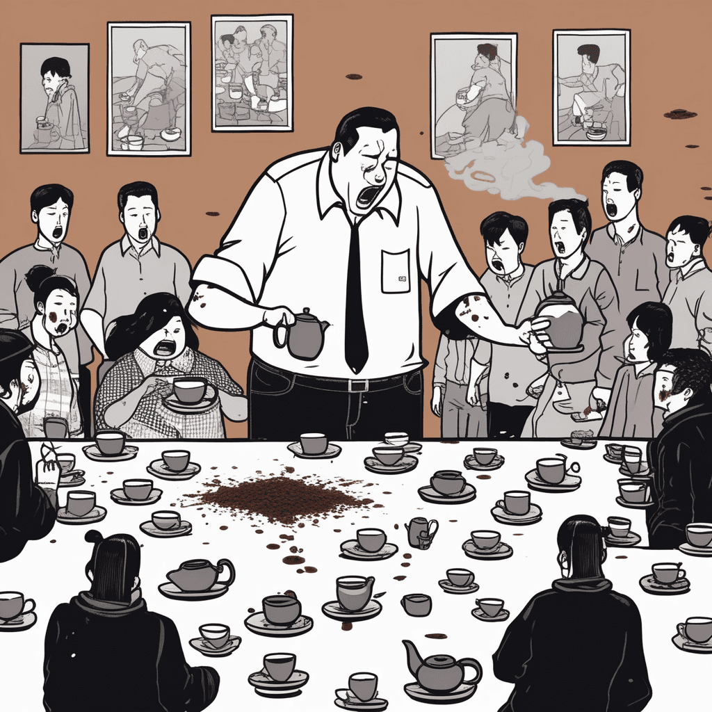 빅(큰) 사이즈 사람이 티(차)를 쏟으며 누군가를 괴롭혀서 피해가 티가 확실히 난다!