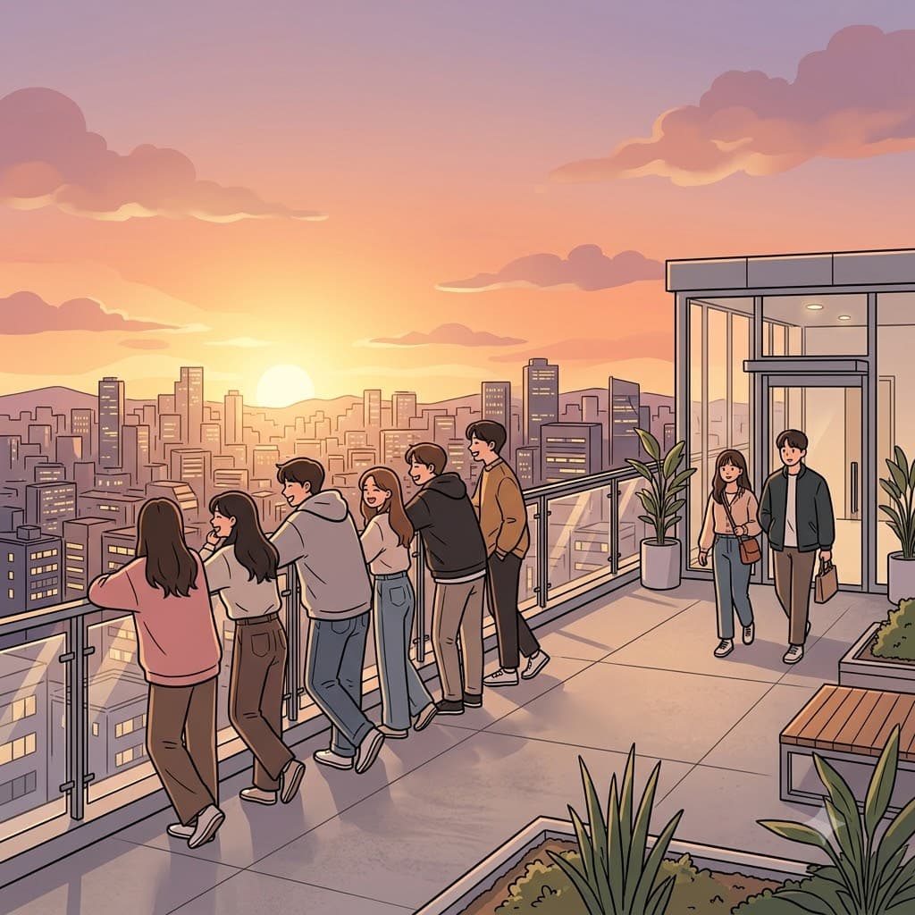 새(new) 옥상에서 바라본 **전망(view)**이 너무 아름다워서 몇 안 되는(few) 사람만 자리를 떠나려 했다.
