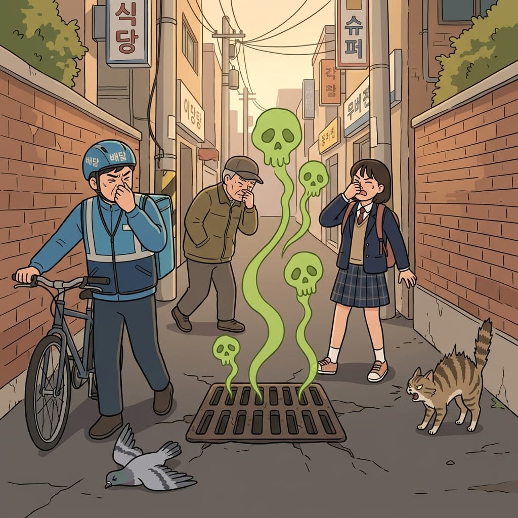 하수구에서 올라오는 역겨운 냄새에 다들 코를 막았다.