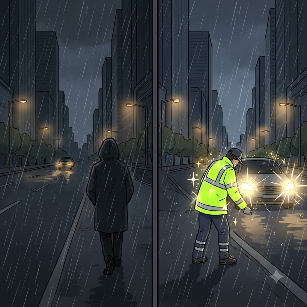 "비(vi) 오는 날 지(zi/지금)금 빌(bil)딩 숲에서 이 밝은 티(ity/리티)를 입어야지!" 야광 조끼는 생명을 지키는 가시성(visibility)을 주었다.