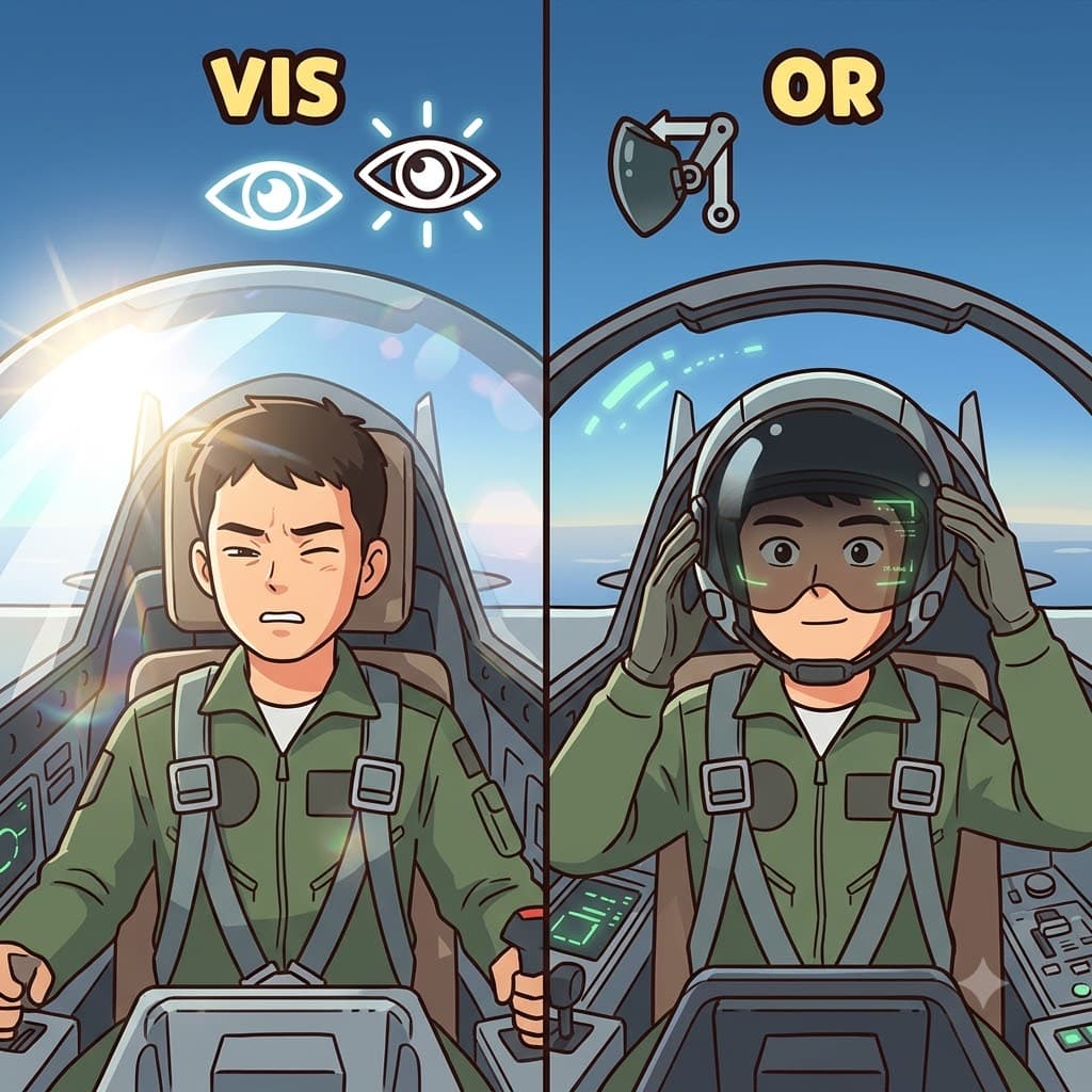VIS (시각/보다) + OR (~하는 도구) — 맑은 시야(VIS)를 보호하기 위해 색이 들어간 플라스틱 도구(OR)를 내림으로써, 조종사는 헬멧의 안면 보호창(visor)을 안전하게 사용했다.