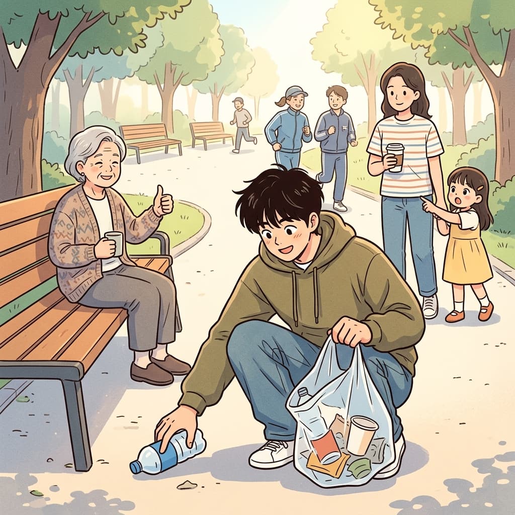 아무도 시키지 않았는데 그는 자진해서 공원 쓰레기를 줍기 시작했다.
