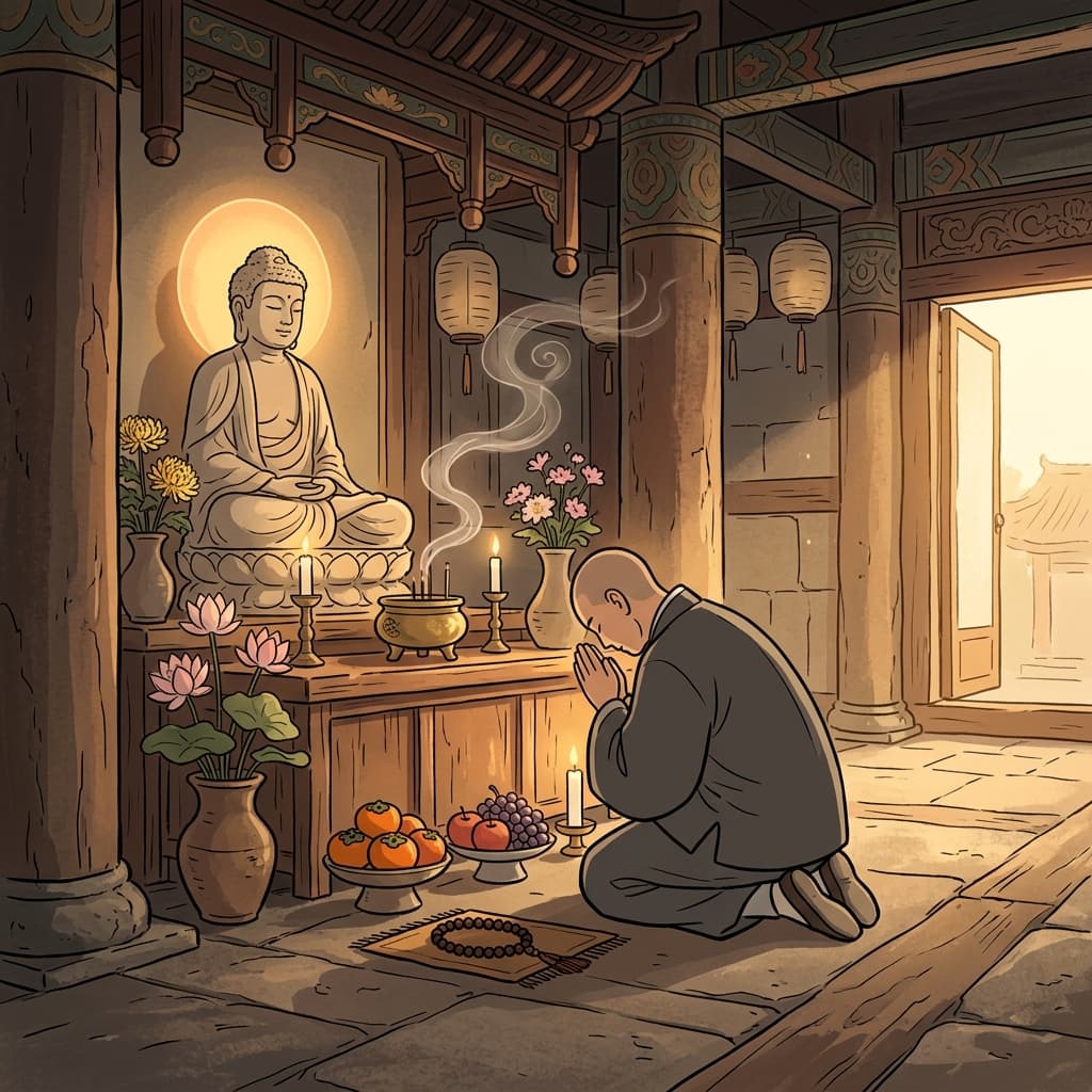 그 신도는 제단 앞에 무릎 꿇고 평생의 헌신을 맹세했다.