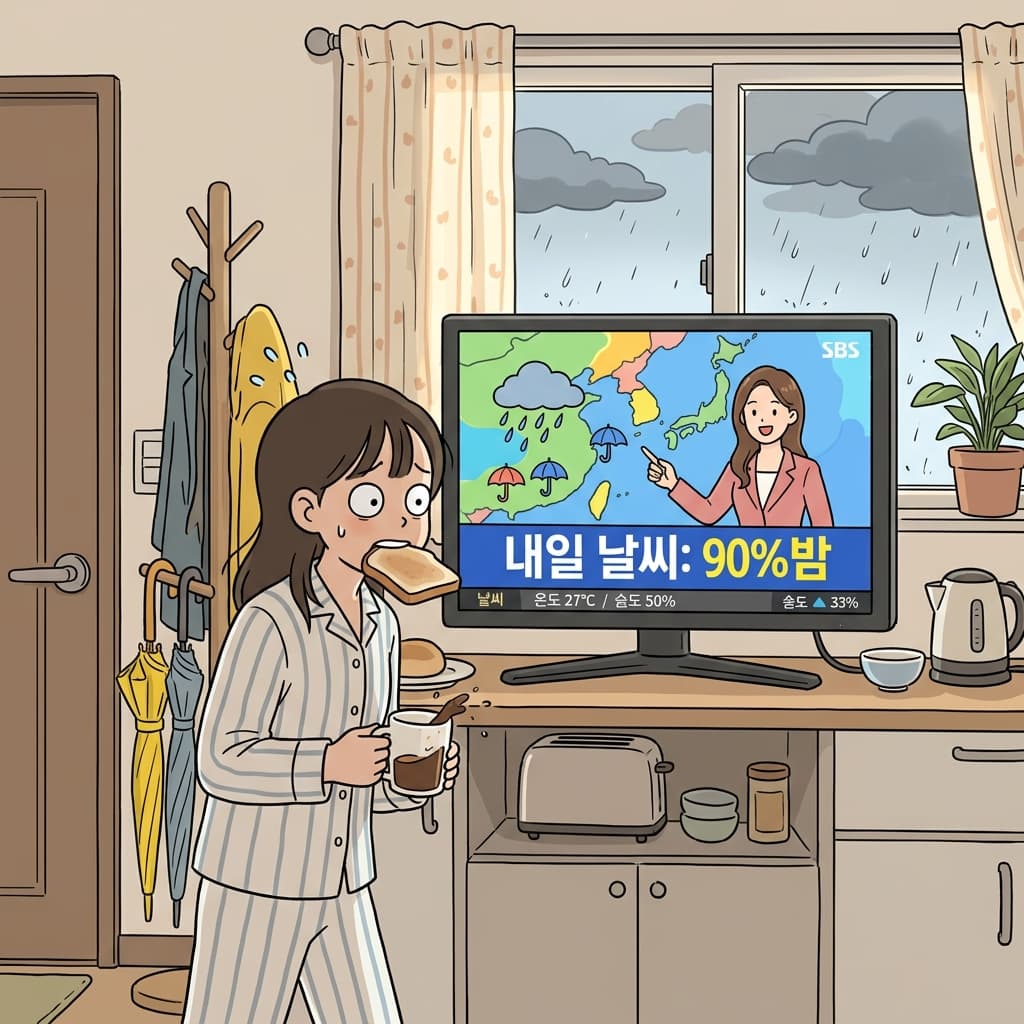 일기예보에서 비 온다길래 우산 챙겨 나간다.