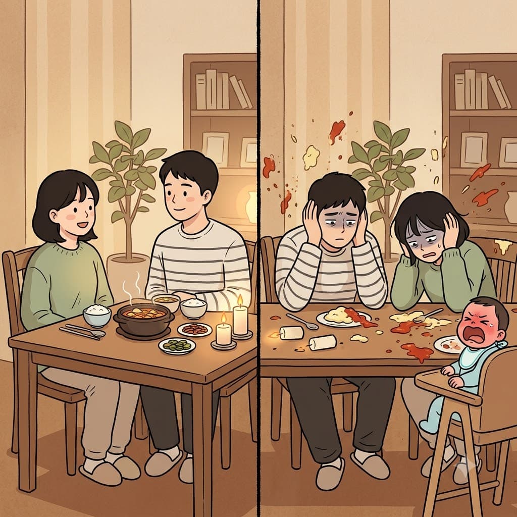평화롭게 식사하길(dine) 기대했던 부모는, 아기의 끝없는 징징거림(whine)에 완전히 지쳐버렸다.