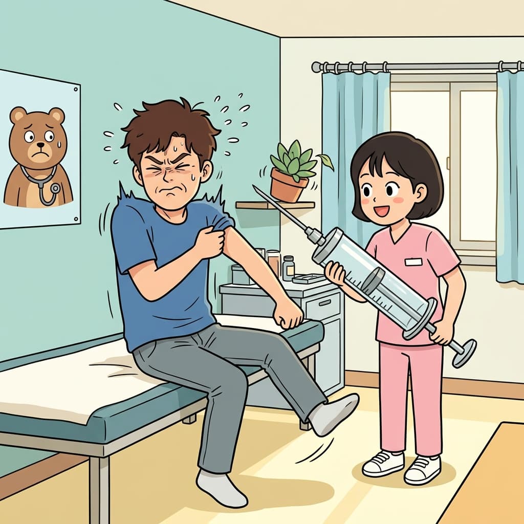 간호사가 커다란 주삿바늘을 꺼내자 그는 자기도 모르게 움찔했다.