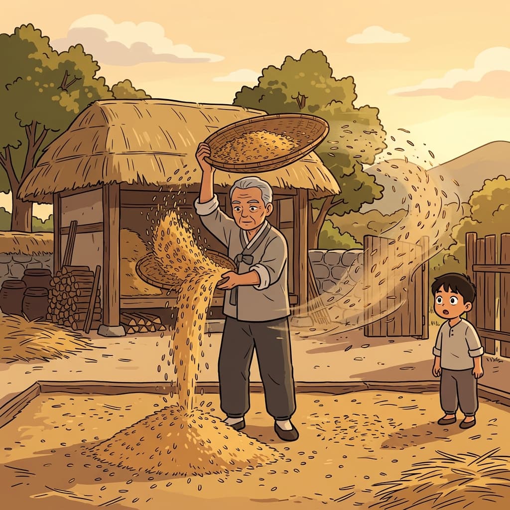 농부가 바람에 곡식을 던져 쭉정이를 날려 보낸다.