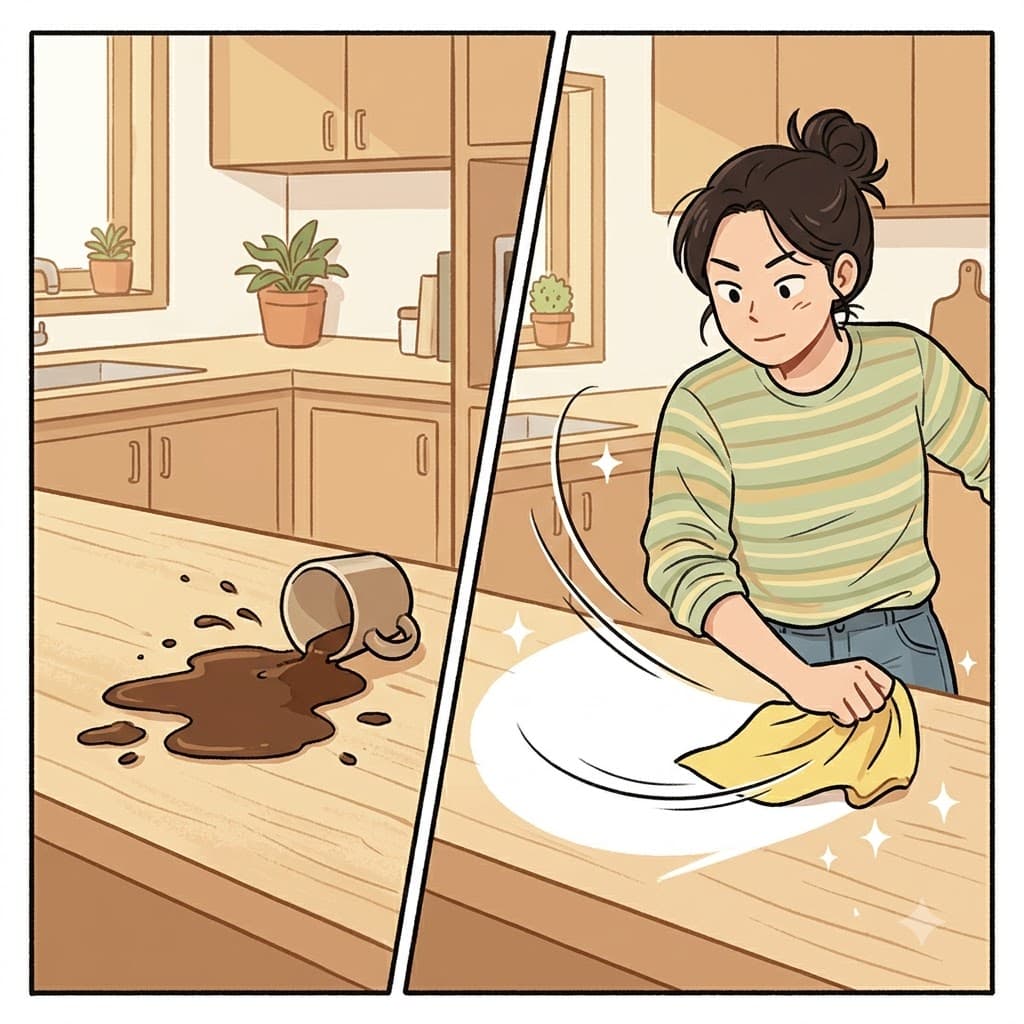 "와이프(wipe), 주방 식탁 좀 닦아줘!" 그는 쏟아진 커피 방울들을 닦아내 달라고(wipe) 부탁했다.