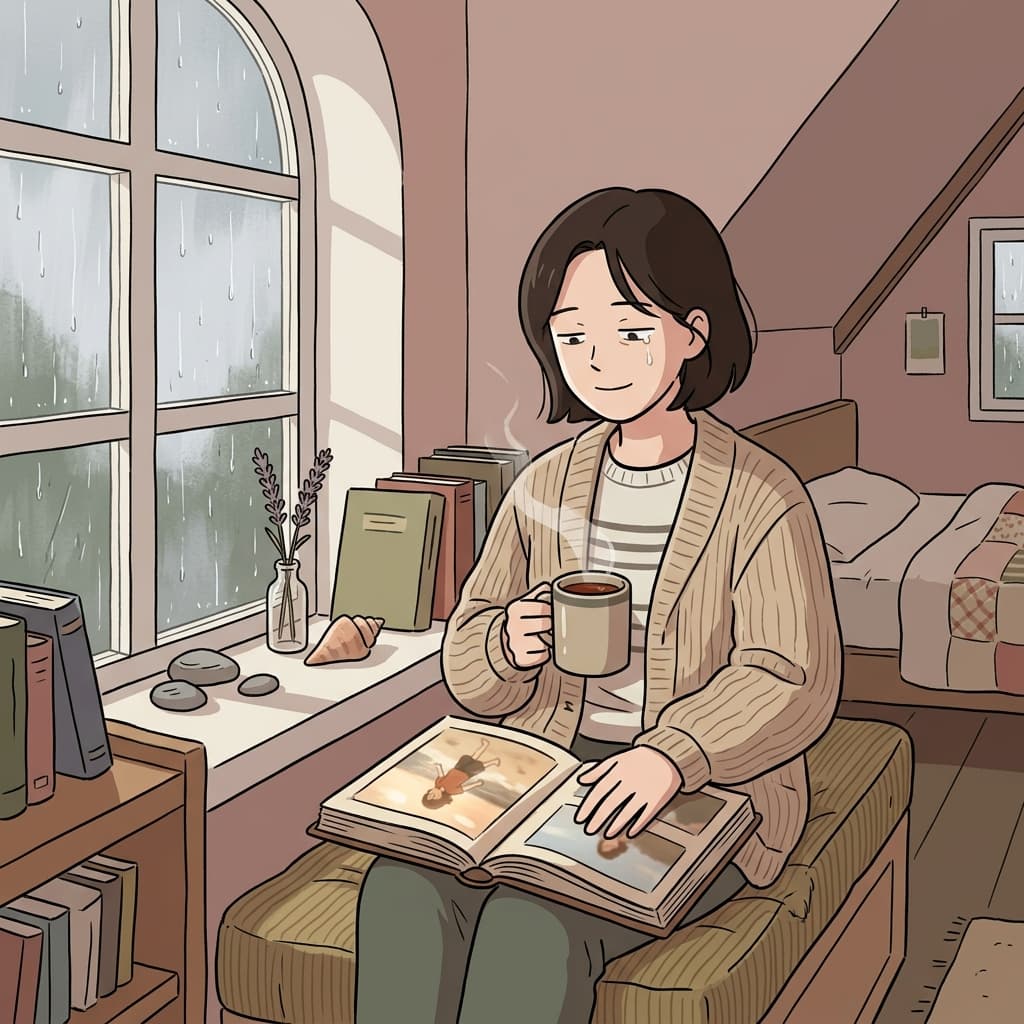 비 오는 창밖을 바라보며 옛 여름을 그리워하는 표정이었다.